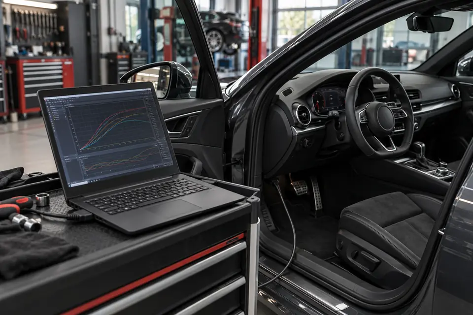 Laptop met kalibratiecurves naast een auto met aangesloten diagnose-interface