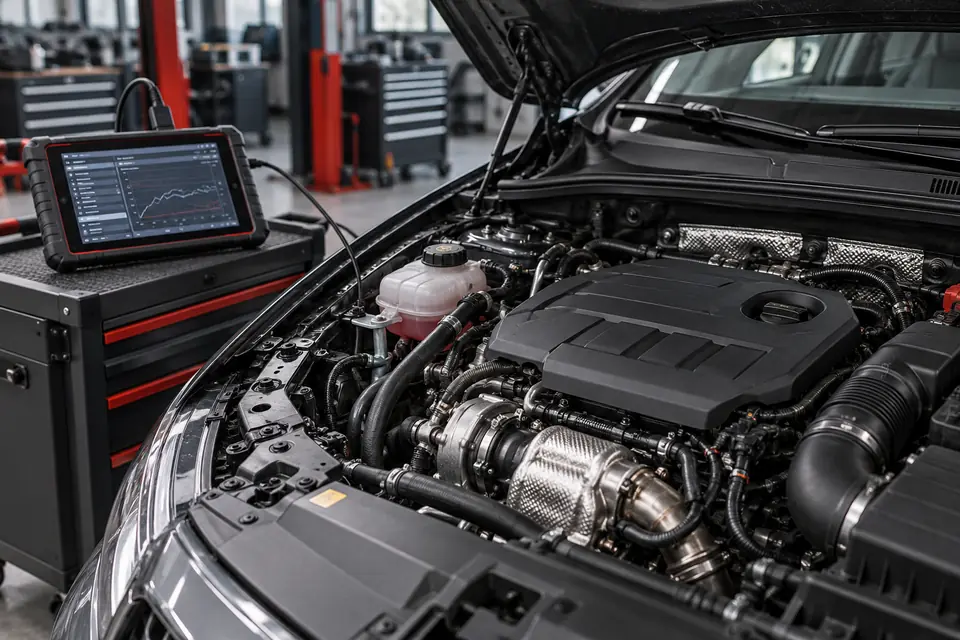 Turbomotor met diagnosetablet voor controle van de motorsoftware